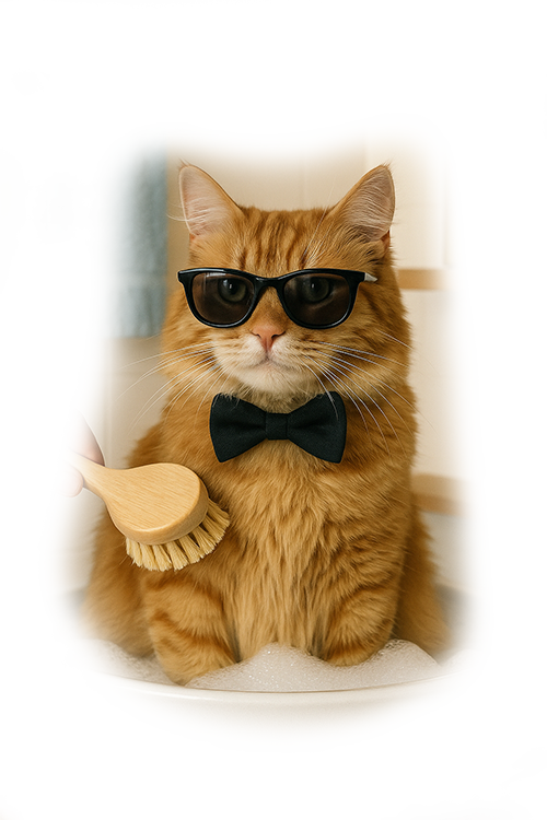 Stilvolle orangefarbene Katze mit Sonnenbrille und Fliege beim Baden und Bürsten in einem professionellen Grooming-Salon.