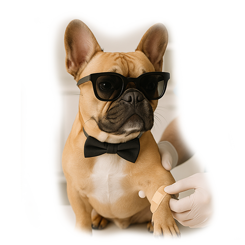 Französische Bulldogge mit Sonnenbrille und Fliege erhält eine medizinische Versorgung mit Pflaster von einem Tierpfleger in einer modernen Praxis.