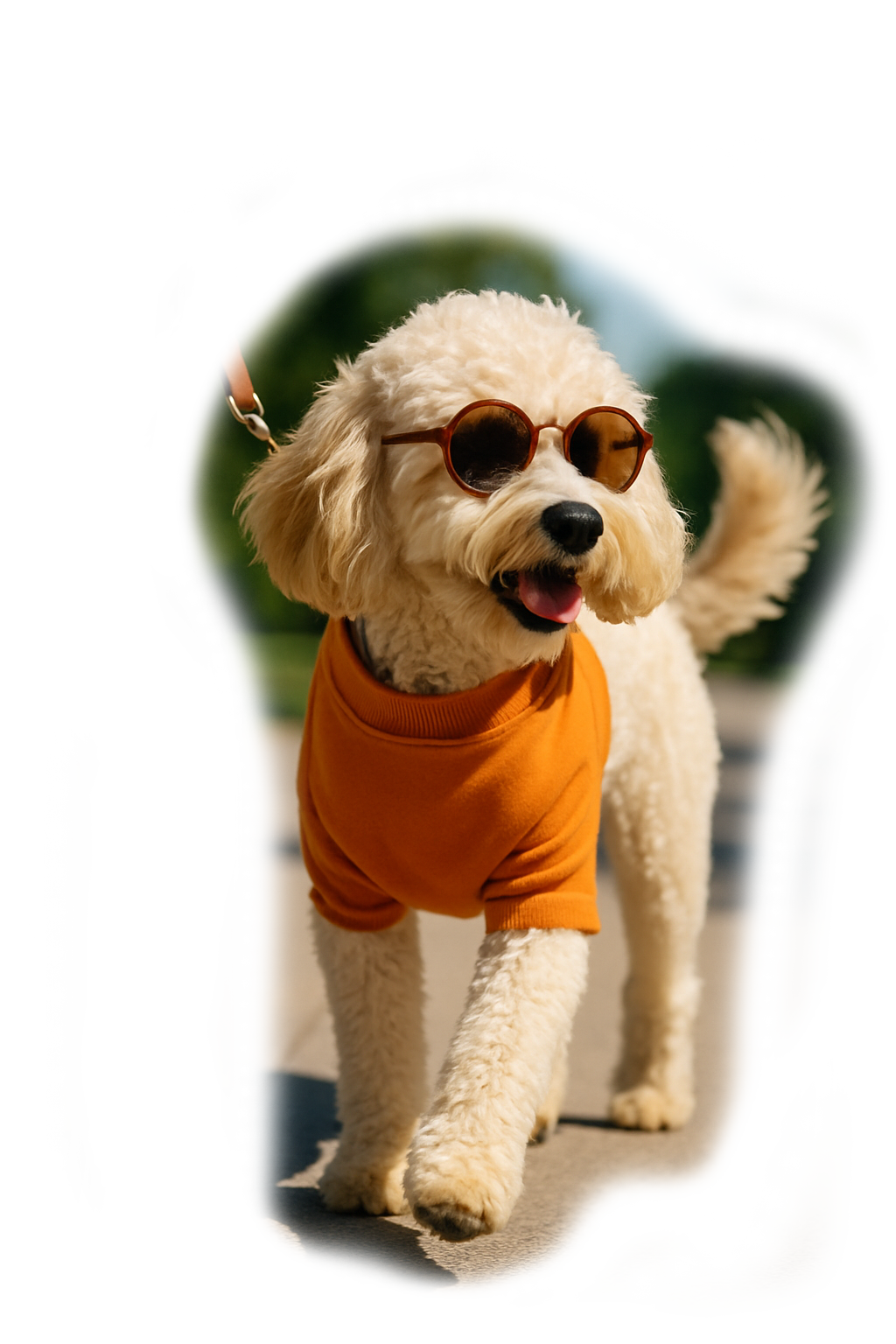 Kleiner cremefarbener Hund mit lockigem Fell, trägt eine Sonnenbrille und einen orangefarbenen Pullover während eines Spaziergangs im Park.