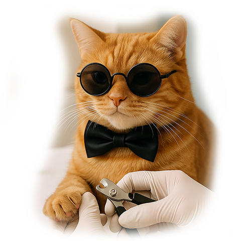 Stilvolle orangefarbene Katze mit Sonnenbrille und Fliege beim Krallenschneiden durch einen Pfleger mit Handschuhen in einem professionellen Salon.