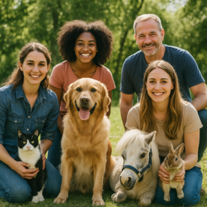 Tierfreunde mit Hund, Katze, Kaninchen und Mini-Pferd im Park – Petylands verbindet Menschen mit Minijobs in der Tierbetreuung